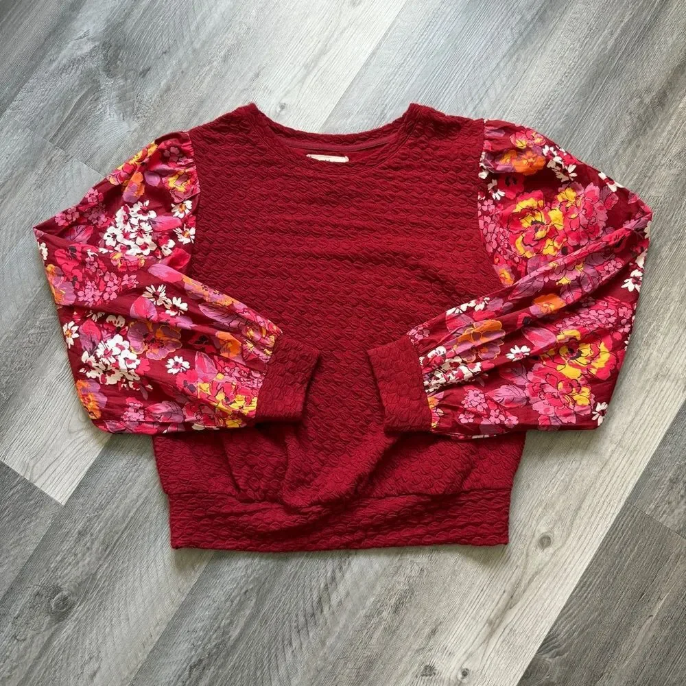 Anthropologie Porridge Textured Top Floral Sleeves Maroon Wine XS Oversized